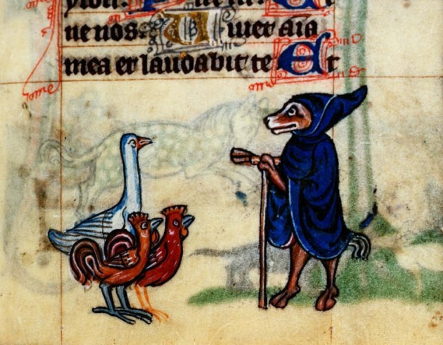Ms stowe 17 Detail of a marginal image of a fox preaching to two roosters and a duck. - British Library 