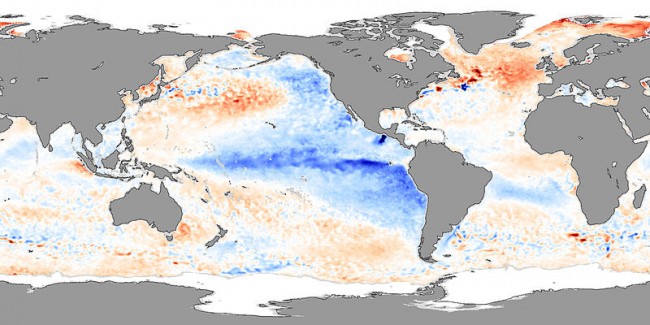 During La Niña, sea surface temperatures in the eastern tropical Pacific are below average, and temperatures in the western tropical Pacific are above average. This pattern is evident in this temperature anomaly image for November 2007. 