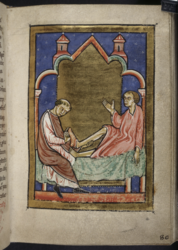 Miniature of a man being healed by shoes belonging to Cuthbert, from Chapter 45 of Bede's prose Life of St Cuthbert. Yates Thompson 26, f.80
