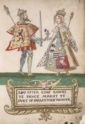 From the Seton Armorial in the Nation Library of Scotland (MS Acc. 9309): Robert the Bruce and Elizabeth de Burgh.