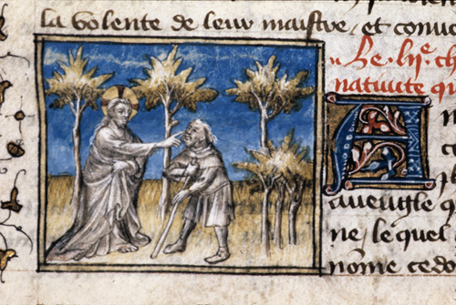 Detail of a miniature of Christ healing the man born blind.