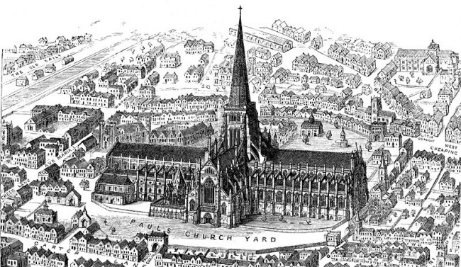 Old St Paul's prior to 1561, with intact spire