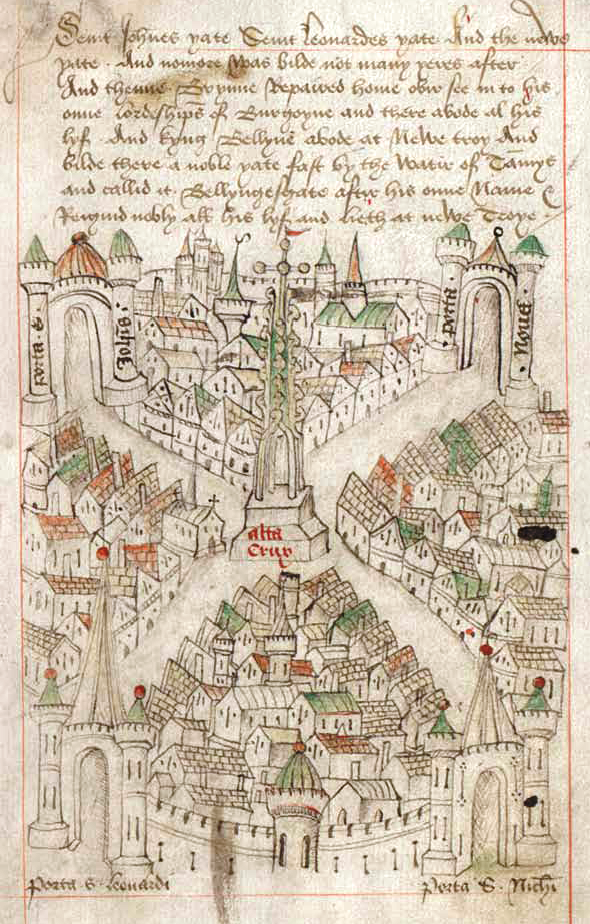 Map of Bristol from The Maire of Bristowe is Kalendar (dated circa 1479) by Robert Ricart, the common clerk of Bristol from 1478 to 1506. (Wikipedia)