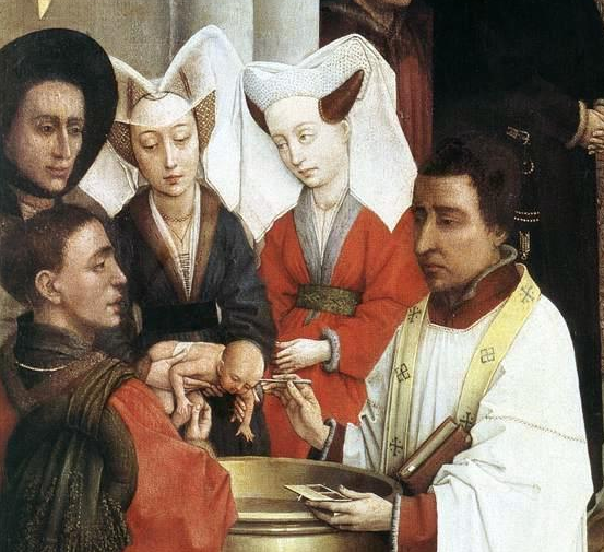 infant baptism - painting by Rogier van der Weyden (1399/1400–1464)