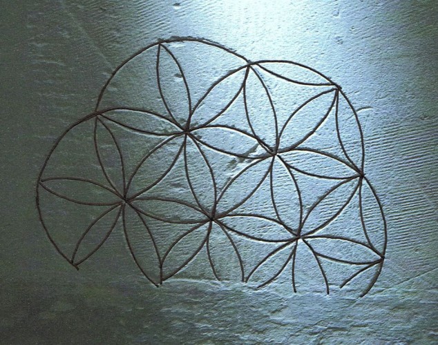 Multiple daisy wheel copy – A complex compass drawn symbol from All Saints church,  Litcham. Such designs are aongst the most common types of graffiti recorded by the survey  and are believed to have functioned as ritual protection markings – designed to ward off the  ‘evil eye’. Photo courtesy Norfolk Medieval Graffiti Survey 