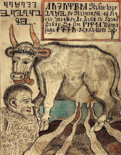 Auðumbla and Búri - a Norse mythology image from the 18th century Icelandic manuscrip