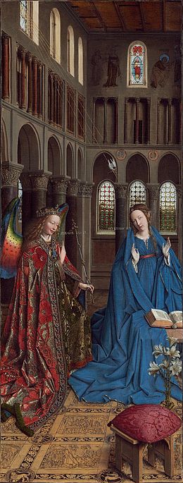 Jan van Eyck, Annunciation, 1434–1436. Wing from a dismantled triptych. National Gallery of Art, Washington DC.