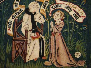 Medieval priest giving confession