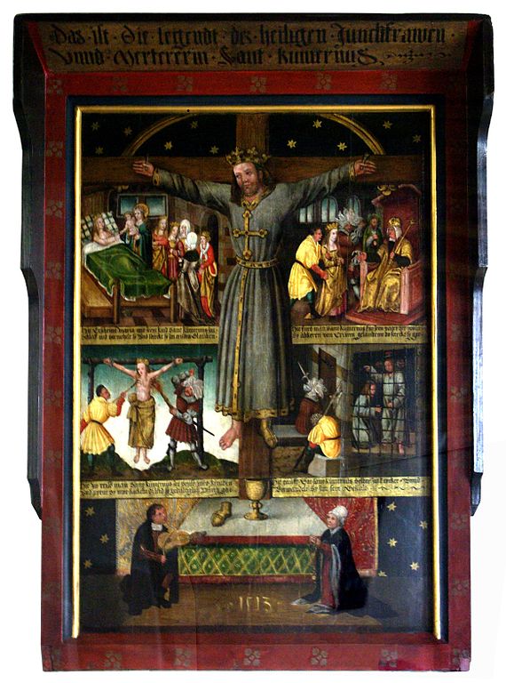 Saint Wilgefortis, with scenes from her legend and donor portraits, 1513