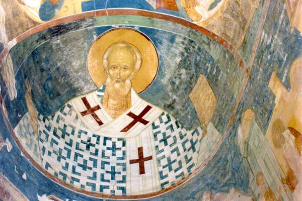 St. Nicholas, the patron saint of Russian merchants. Fresco by Dionisius from the Ferapontov Monastery.