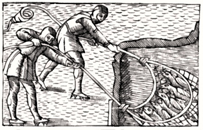 Medieval fishermen pulling in their catch