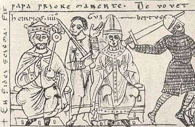 Antipope Clement III with Henry IV, image from Codex Jenesis Bose q.6 (1157)