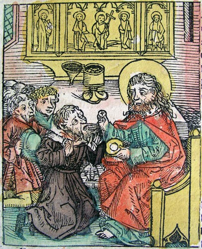 Antipope Gregory VIII surrenders to Pope Calixtus II - Illustration from the Nuremberg Chronicle (1493