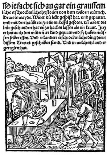 1499 German woodcut showing Vlad III dining among the impaled corpses of his victims.
