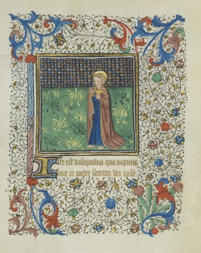 John, the Apostle. 15th century, pigments and gold on parchment, 7 x 5 ½ in (173 x 135 mm). credit: University of Notre Dame, Hesburgh Library, Frag. III.1, fol. 49r.