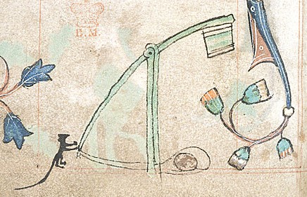 Mouse operating a catapult - Image from British Library Harley 6563 f. 71v 
