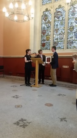 Professor Sophie Ambler and broadcaster Melvyn Bragg presenting the J.C. Holt Undergraduate Essay Prize at the Maughan Library.