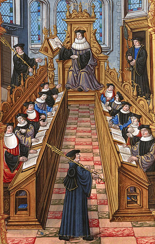 A meeting of doctors at the university of Paris. From the "Chants royaux" manuscript, Bibliothèque Nationale, Paris