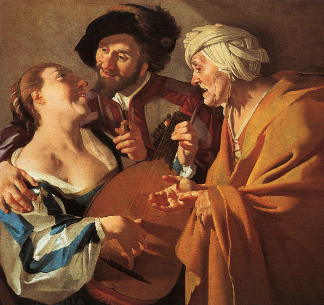 The Procuress (1622) by Dirck van Baburen. Prostitute playing a lute. 