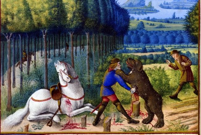 Godfrey of Bouillon slaying a bear, f. 41v. Sébastien Mamerot, Les Passages d’Outremer, Fr. 5594, BnF
