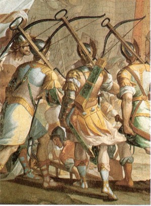 Fresco by Lazzaro Tavarone at the Palazzo Cattaneo Adorno, depicting the Genoese crossbowmen during the storming of Jerusalem.