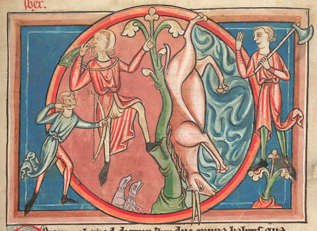 animal scene and horn player - British Library Harley 4751   f. 10 