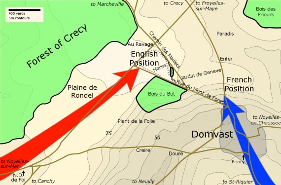 Proposed site of the Battle of Crecy, showing the English and French approaches to the battlefield and the site of the English wagenburg and defensive ditch upon the site of the Herse, superimposed upon the modern topography. Image courtesy Michael Livingston
