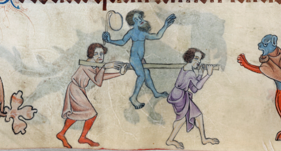 Luttrell Psalter - Two men are carrying on their shoulders a pole, on which is seated a bearded, naked man, coloured blue and carrying a bladder-balloon on a stick, a sign of the jester or fool. (British Library)