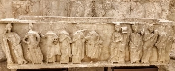 Valado dos Alfeizeirão (Alcobaça). This beautiful muse sarcophagus from the Carmo Monastery museum is from the 3rd or 4th c. and depicts theatre and music. Photo by Medievalists.net