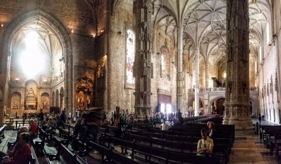 Panorama view of interior Jerónimos Monastery Cathedral, Belém, Lisbon. Photo by Medievalists.net.
