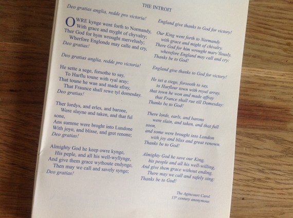 Photo of the Westminster Abbey service programme, The Agincourt Carol,  anonymous, 15th c. Photo by Medievalists.net