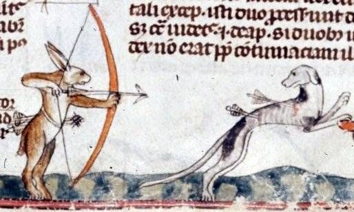 Everyone used a bow and arrow in the Middle Ages ;) - from British Library MS Royal 10 E IV