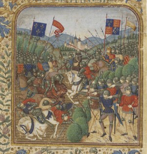 Although this image of the Battle of Agincourt was made on a medieval parchment, it was drawn around the year 1900.