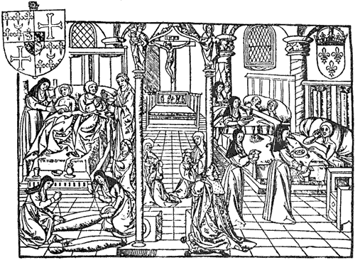 Hôtel-Dieu de Paris circa 1500. The comparatively well patients (on the right) were separated from the very ill (on the left).
