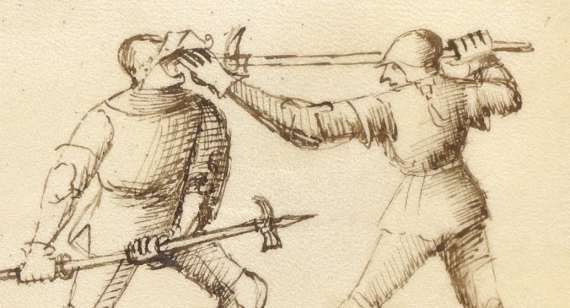 Pollaxe combat depicted in the Fiore Furlan dei Liberi da Premariacco, circa 1410