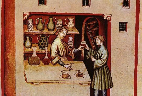 Illustration of a pharmacy in the Italian Tacuinum sanitatis, 14th century.
