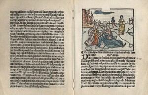 From the 1498 text, 'Vita alme virginis Liidwine' by friar Johannes Brugman depicting the fall of Saint Lidwina in an ice skating accident. (Wiki Commons).