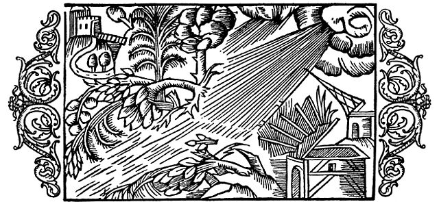 A wind storm is blowing from right to left on the picture. A tree is pulled up from the ground. The church to the right loses its spire and the house nearby loses its roof. From Olaus Magnus 16th century work Historia de gentibus septentrionalibus