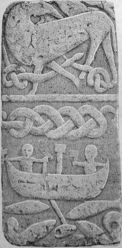 Thor fishing, part of Gosforth Cross. Reproduction by Julius Magnus Petersen, photographed from Finnur Jónsson. Public domain.