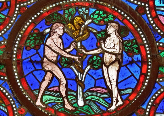 Adam and Eve in a detail of a 12th century stained glass window in Saint-Julien cathedral - Le Mans, France. Photo by Selbymay / Wikimedia Commons