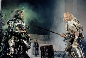 Sean Connery and Miles O'Keefe face off in, 'The Sword of the Valiant'.