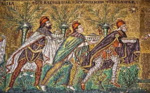 The Three Magi, Byzantine mosaic c.565, Basilica of Sant'Apollinare Nuovo, Ravenna, Italy (restored 18th century). As here Byzantine art usually depicts the Magi in Persian clothing which includes breeches, capes, and Phrygian caps. Wikipedia