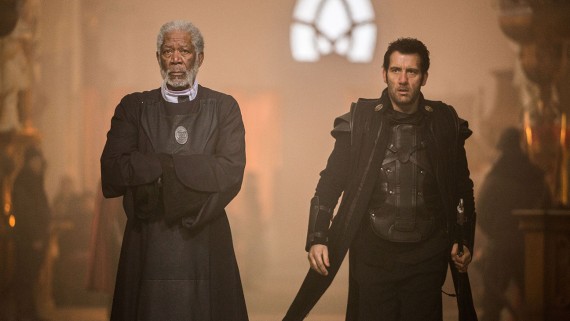 Morgan Freeman as Lord Bartok, and Clive Owen as his loyal retainer and knight, Commander Raiden in, "Last Knights".