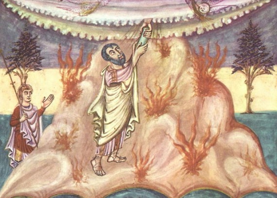 Moses receives the Ten Commandments, depicted in a Carolingian manuscript circa 840