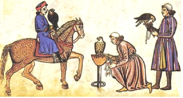 Medieval falconry. Falconers with horse from, 'De arte venandi cum avibus', 1240-1250 – Holy Roman Emperor Frederick II wrote a treatise on, 'The Art of Hunting with Birds'