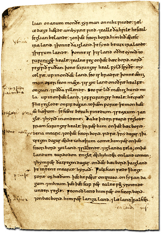 Page from British Library MS Cotton Tiberius B.i, the Old English version of Orosius' Seven Books of History Against the Pagans, early 11th century - it contains Ohthere's account of his travels