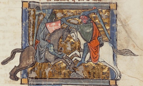 Yvain unwittingly battles Gawain, from Chrétien's Yvain, the Knight of the Lion (Wikipedia - Public Domain)