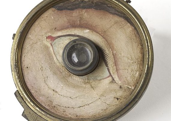 Model eye, glass lens with brass-backed paper front with hand-painted face around eye, by W. and S. Jones, London, 1840-1900 - Wellcome Images