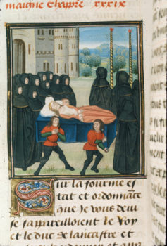 Detail of a miniature of the funeral of Anne of Bohemia, at the beginning of chapter 39. Royal 18 E II f. 227v., Netherlands, S. (Bruges) (The British Library).