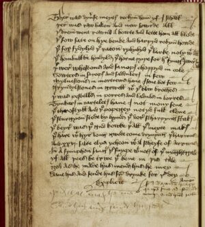 Scribe's note âBy me, Richard Heege, because I was at that feast and did not have a drinkâ, in the Heege Manuscript (bottom of p.60 verso). This caught the attention of Cambridge researcher Dr James Wade. Image courtesy National Library of Scotland